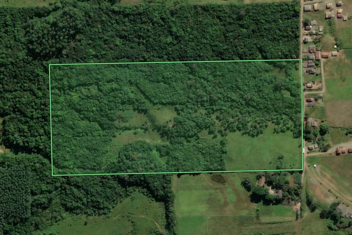 Imagem de satélite do imóvel rural em Treviso (SC), com o contorno declarado no CAR desenhado por cima.