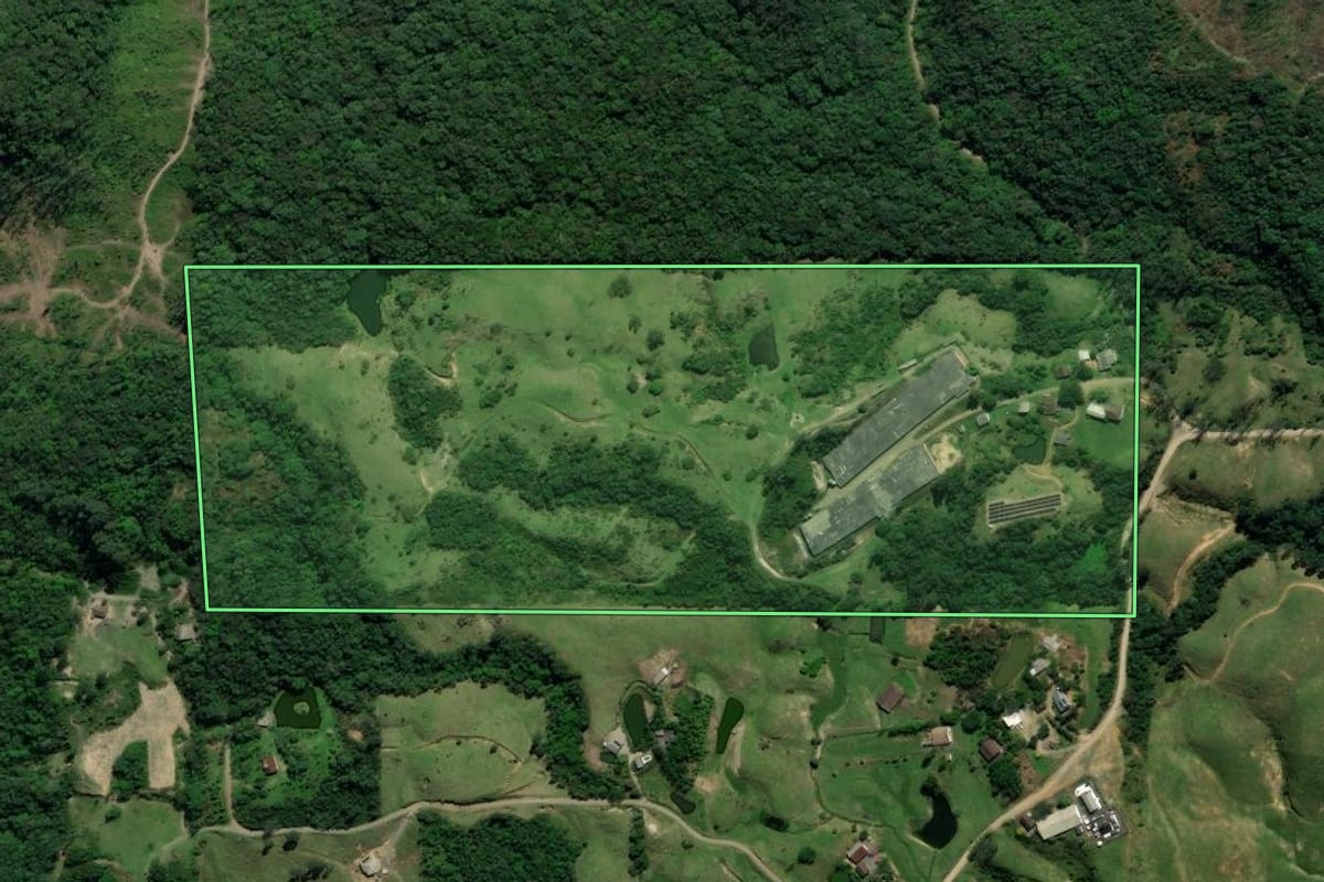 Imagem de satélite do imóvel rural em Treviso (SC), com o contorno declarado no CAR desenhado por cima.