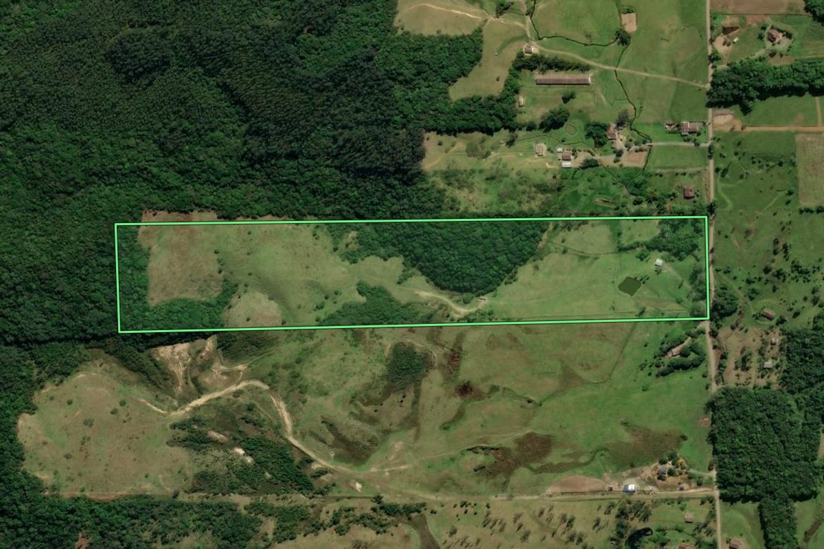 Imagem de satélite do imóvel rural em Treviso (SC), com o contorno declarado no CAR desenhado por cima.