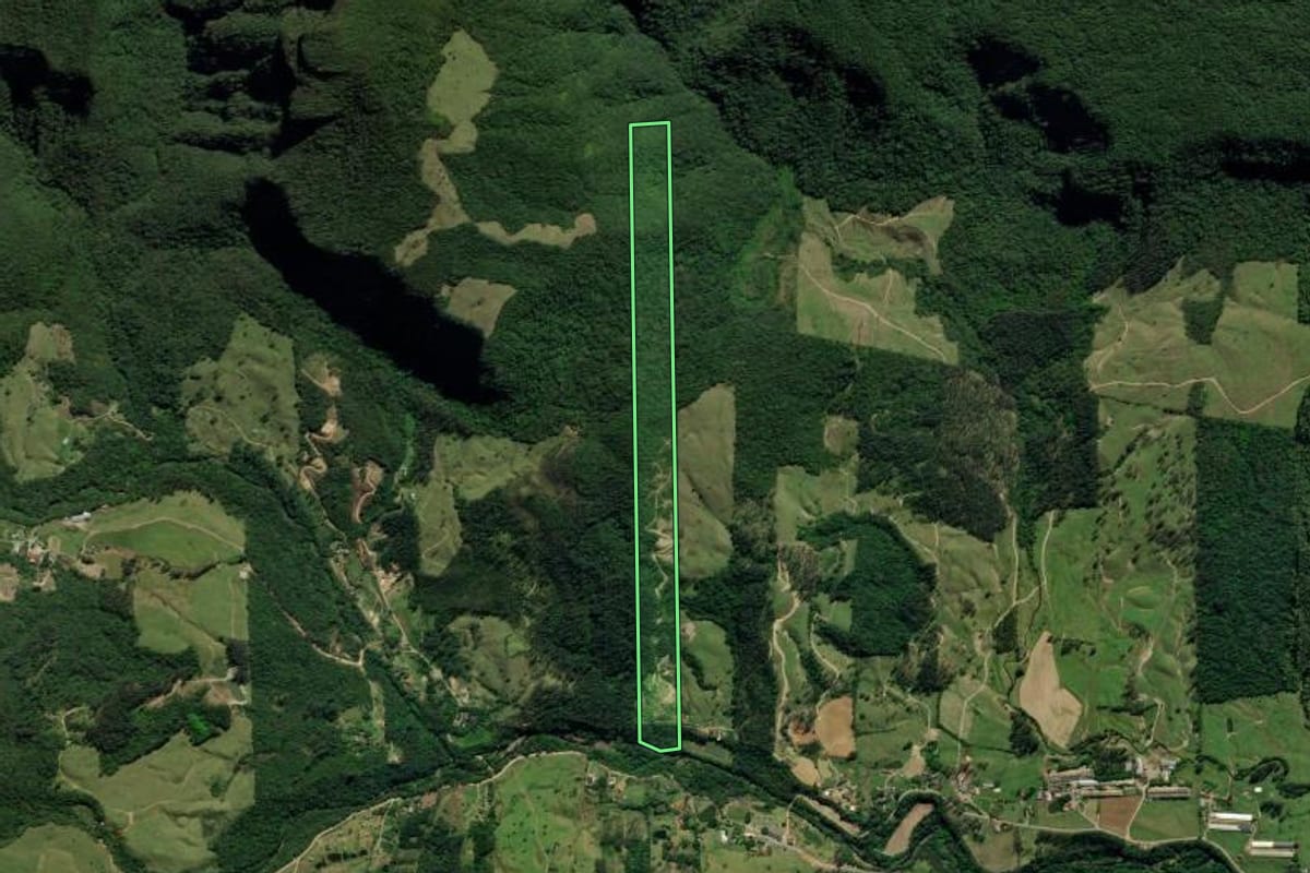 Imagem de satélite do imóvel rural em Treviso (SC), com o contorno declarado no CAR desenhado por cima.