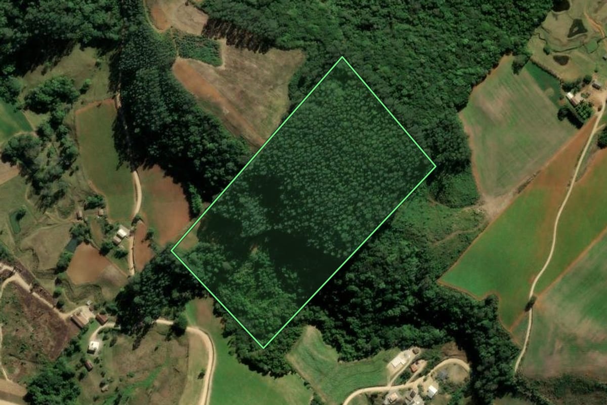 Imagem de satélite do imóvel rural em Treze de Maio (SC), com o contorno declarado no CAR desenhado por cima.