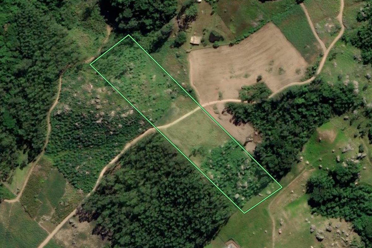 Imagem de satélite do imóvel rural em Treze de Maio (SC), com o contorno declarado no CAR desenhado por cima.
