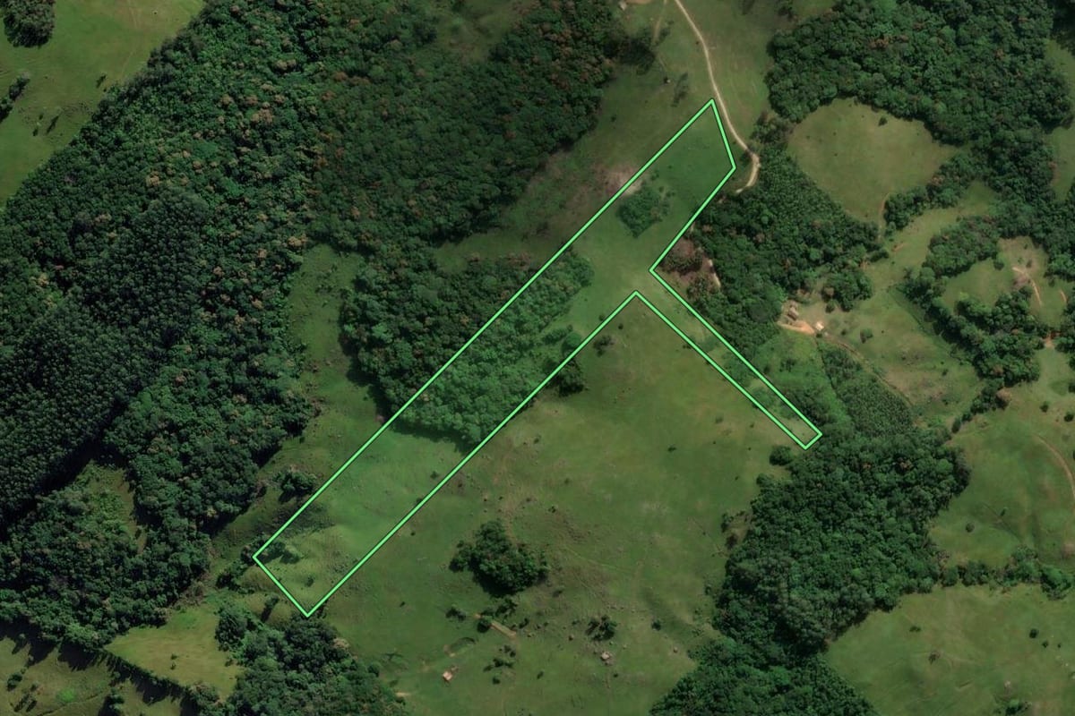 Imagem de satélite do imóvel rural em Treze de Maio (SC), com o contorno declarado no CAR desenhado por cima.