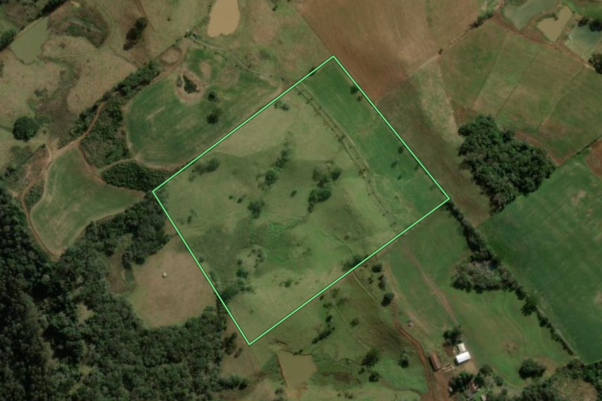 Imagem de satélite do imóvel rural em Treze Tílias (SC), com o contorno declarado no CAR desenhado por cima.