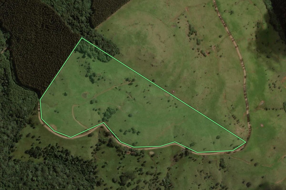 Imagem de satélite do imóvel rural em Treze Tílias (SC), com o contorno declarado no CAR desenhado por cima.