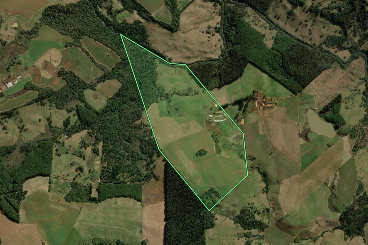 Imagem de satélite do imóvel rural em Treze Tílias (SC), com o contorno declarado no CAR desenhado por cima.