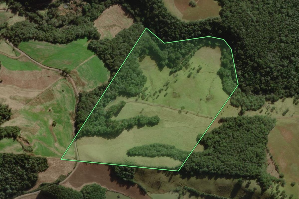 Imagem de satélite do imóvel rural em Treze Tílias (SC), com o contorno declarado no CAR desenhado por cima.