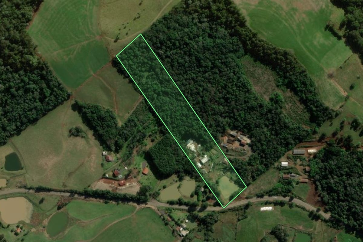 Imagem de satélite do imóvel rural em Treze Tílias (SC), com o contorno declarado no CAR desenhado por cima.