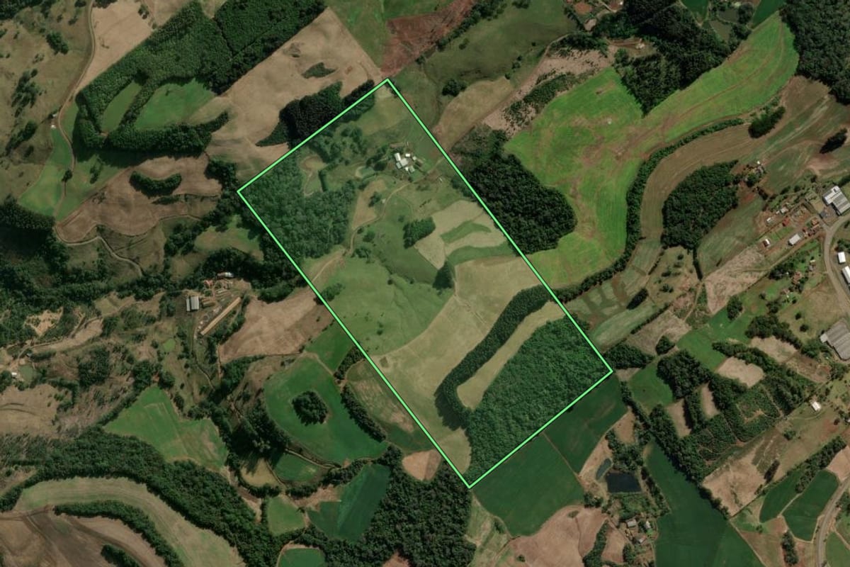 Imagem de satélite do imóvel rural em Treze Tílias (SC), com o contorno declarado no CAR desenhado por cima.