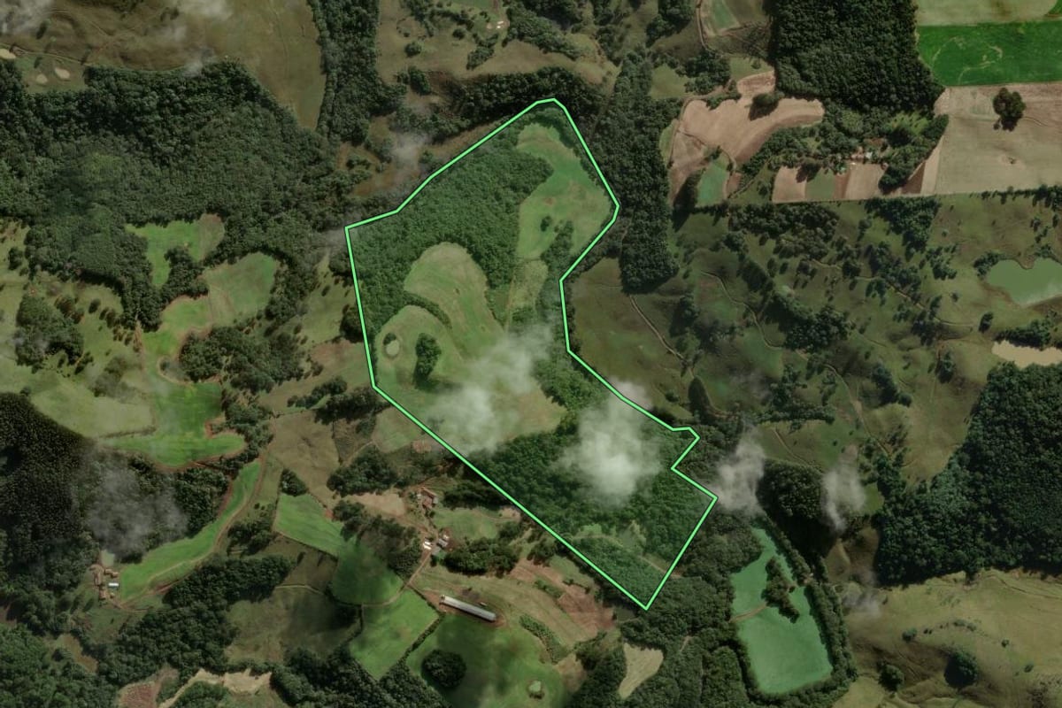 Imagem de satélite do imóvel rural em Treze Tílias (SC), com o contorno declarado no CAR desenhado por cima.