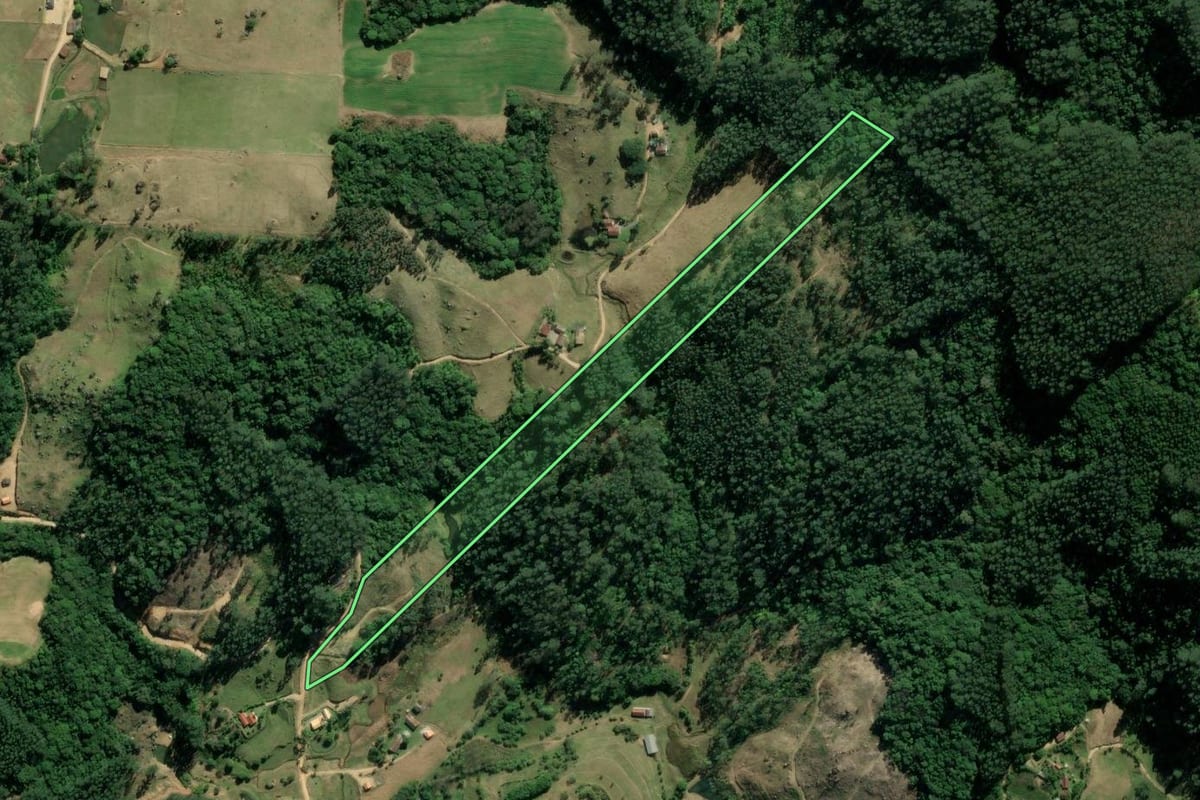 Imagem de satélite do imóvel rural em Tubarão (SC), com o contorno declarado no CAR desenhado por cima.