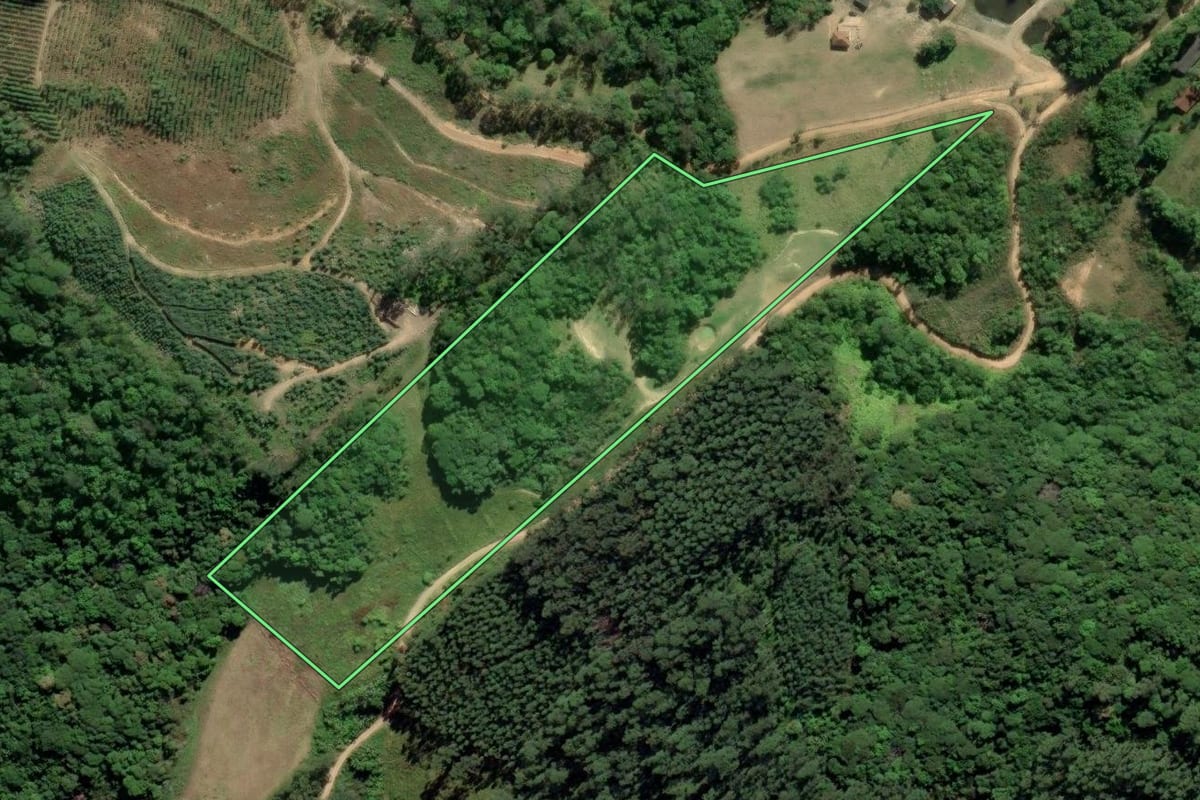 Imagem de satélite do imóvel rural em Tubarão (SC), com o contorno declarado no CAR desenhado por cima.