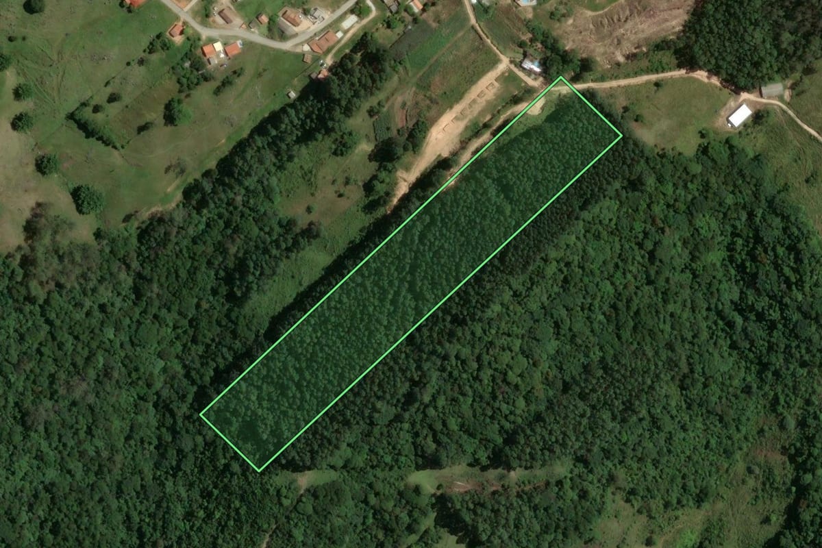 Imagem de satélite do imóvel rural em Tubarão (SC), com o contorno declarado no CAR desenhado por cima.