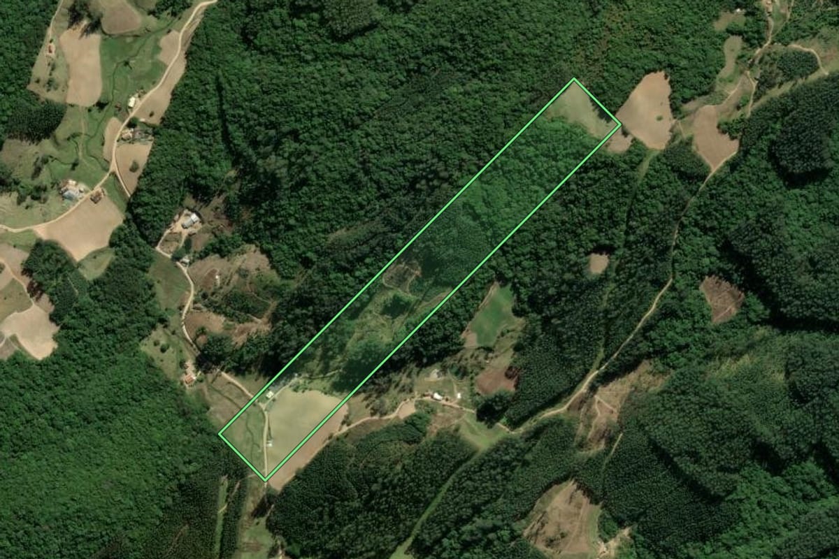 Imagem de satélite do imóvel rural em Tubarão (SC), com o contorno declarado no CAR desenhado por cima.