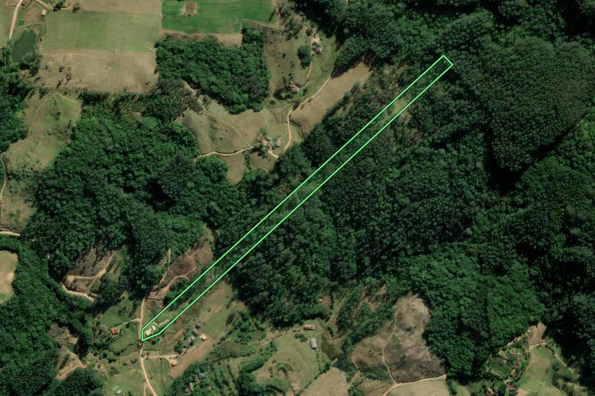 Imagem de satélite do imóvel rural em Tubarão (SC), com o contorno declarado no CAR desenhado por cima.