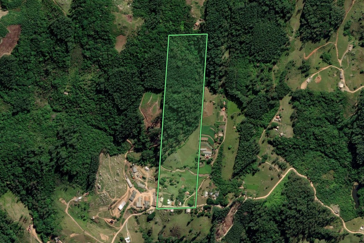 Imagem de satélite do imóvel rural em Tubarão (SC), com o contorno declarado no CAR desenhado por cima.