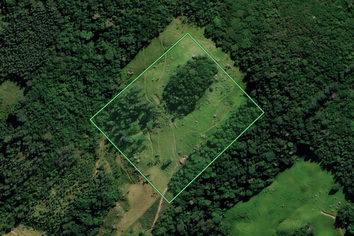 Imagem de satélite do imóvel rural em Tubarão (SC), com o contorno declarado no CAR desenhado por cima.