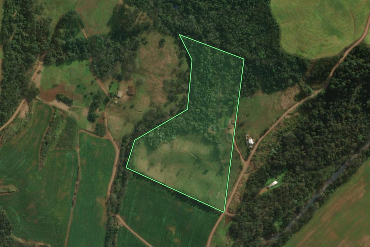 Imagem de satélite do imóvel rural em Tunápolis (SC), com o contorno declarado no CAR desenhado por cima.