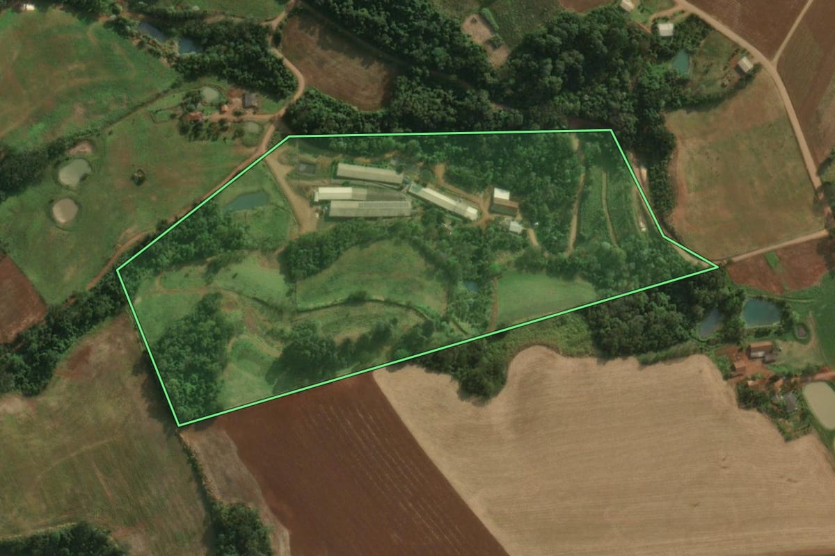 Imagem de satélite do imóvel rural em Tunápolis (SC), com o contorno declarado no CAR desenhado por cima.