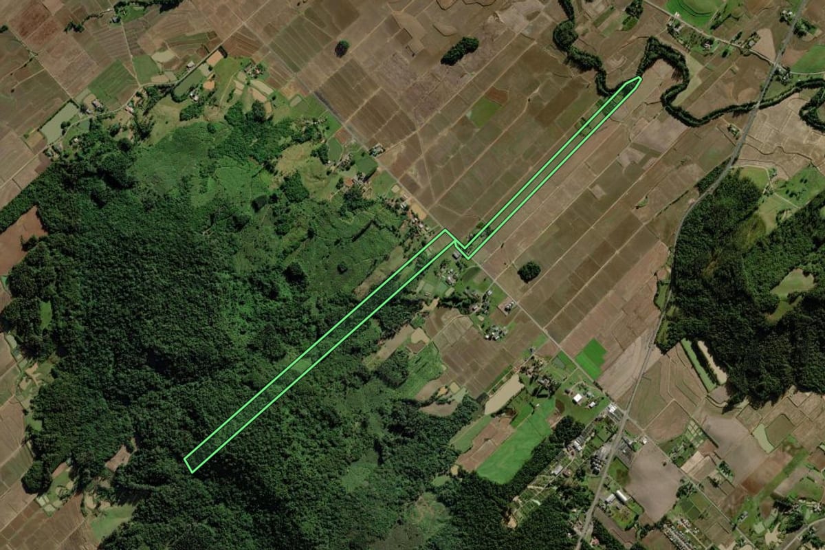 Imagem de satélite do imóvel rural em Turvo (SC), com o contorno declarado no CAR desenhado por cima.
