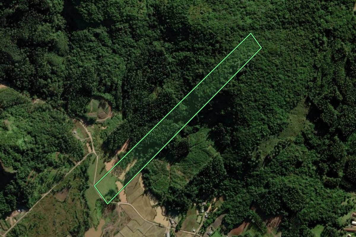 Imagem de satélite do imóvel rural em Turvo (SC), com o contorno declarado no CAR desenhado por cima.