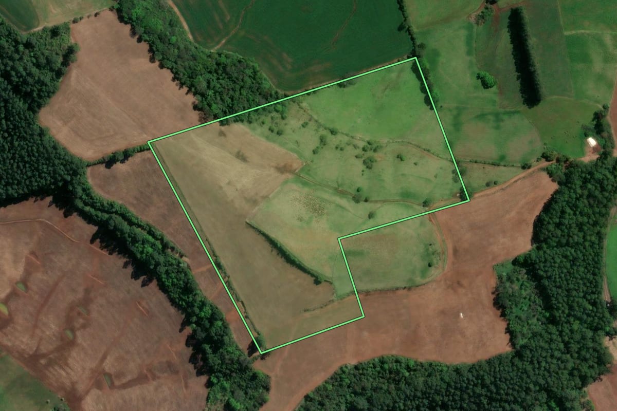 Imagem de satélite do imóvel rural em União do Oeste (SC), com o contorno declarado no CAR desenhado por cima.