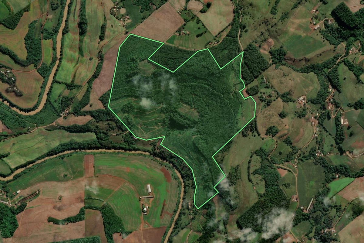 Imagem de satélite do imóvel rural em União do Oeste (SC), com o contorno declarado no CAR desenhado por cima.
