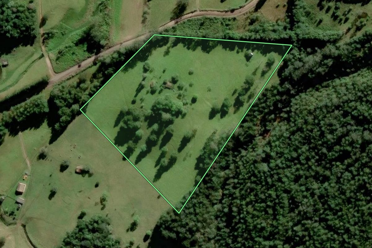 Imagem de satélite do imóvel rural em Urussanga (SC), com o contorno declarado no CAR desenhado por cima.
