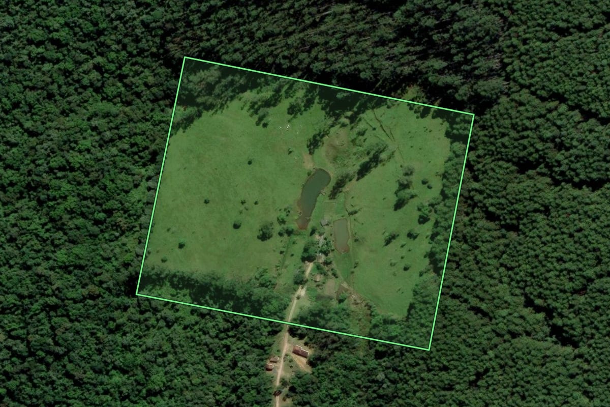 Imagem de satélite do imóvel rural em Urussanga (SC), com o contorno declarado no CAR desenhado por cima.