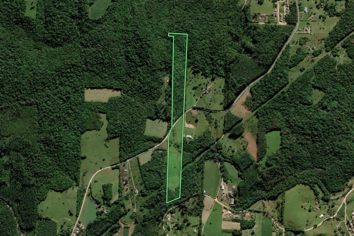 Imagem de satélite do imóvel rural em Urussanga (SC), com o contorno declarado no CAR desenhado por cima.