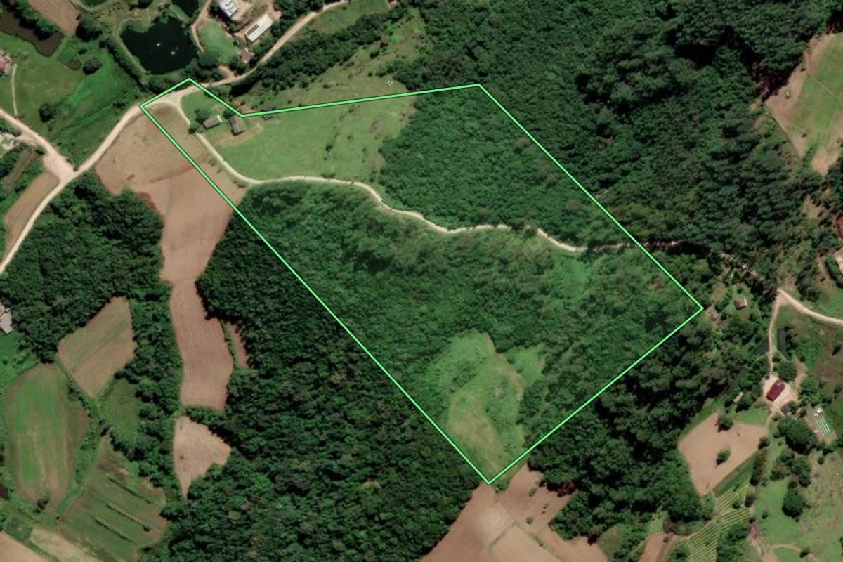 Imagem de satélite do imóvel rural em Urussanga (SC), com o contorno declarado no CAR desenhado por cima.