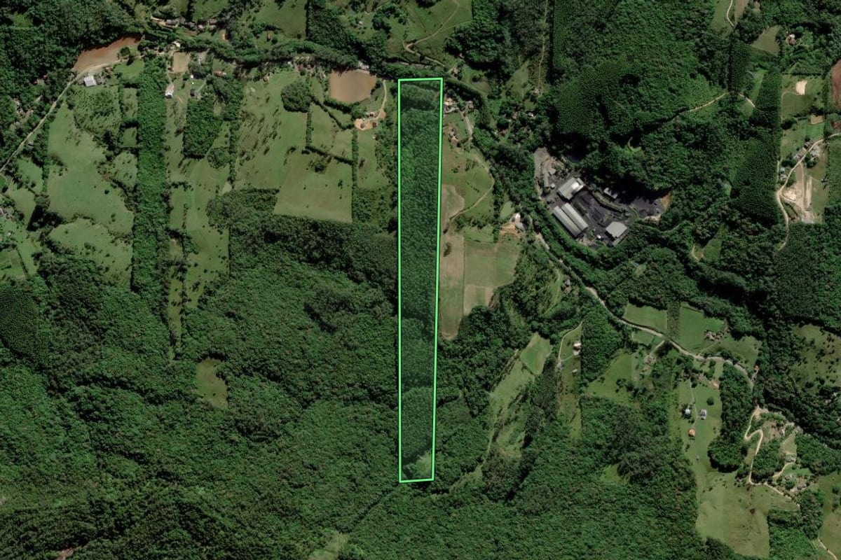 Imagem de satélite do imóvel rural em Urussanga (SC), com o contorno declarado no CAR desenhado por cima.