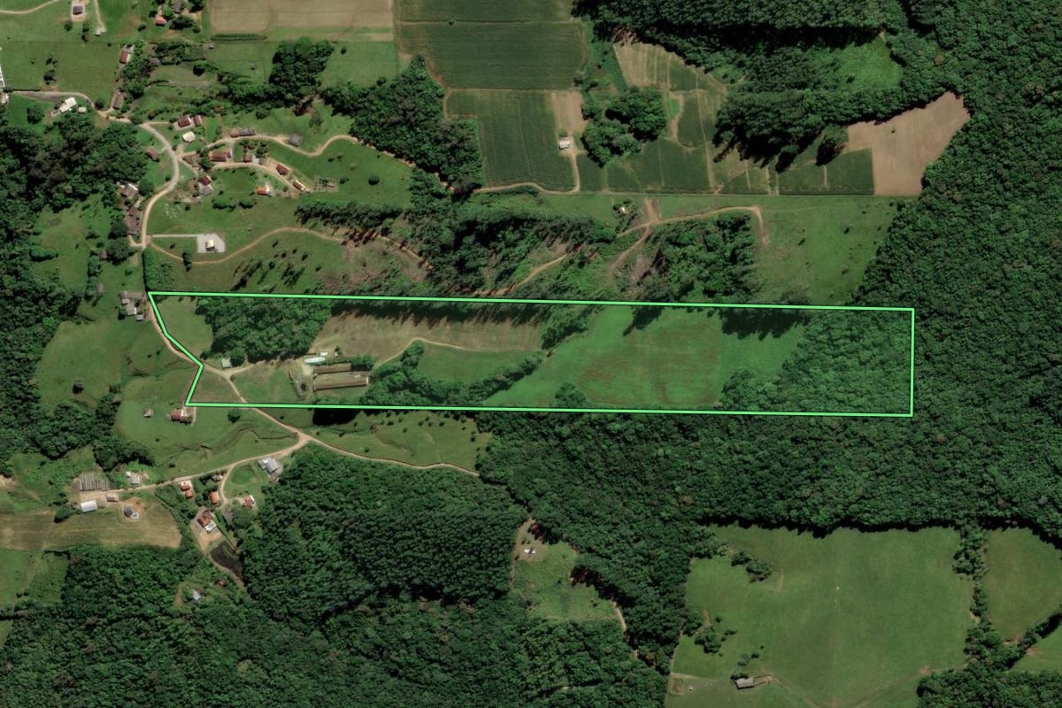 Imagem de satélite do imóvel rural em Urussanga (SC), com o contorno declarado no CAR desenhado por cima.