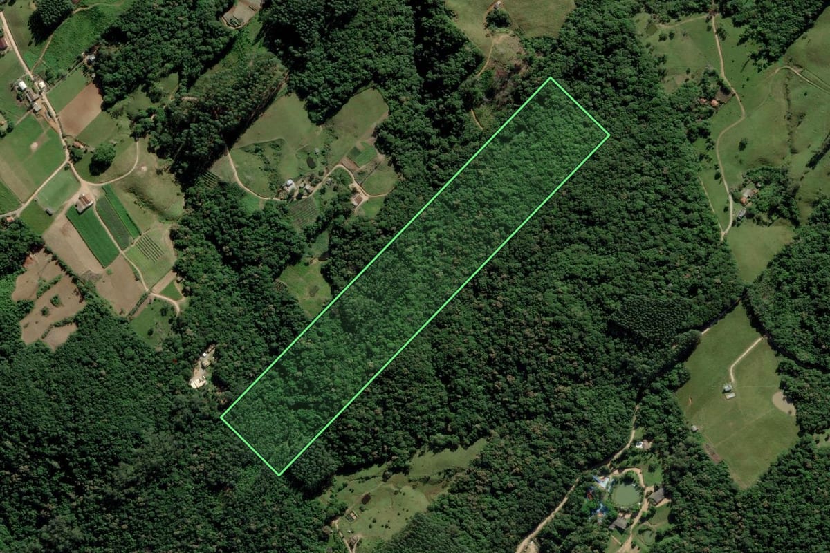 Imagem de satélite do imóvel rural em Urussanga (SC), com o contorno declarado no CAR desenhado por cima.