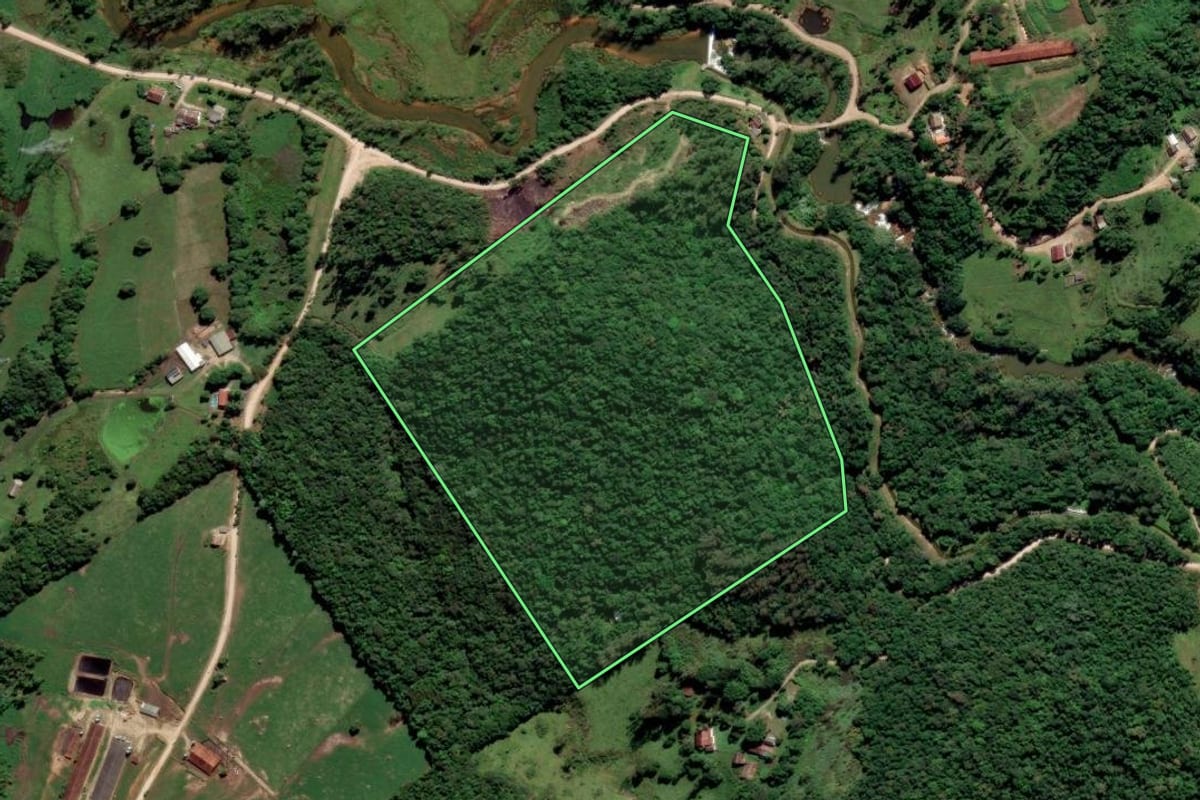 Imagem de satélite do imóvel rural em Urussanga (SC), com o contorno declarado no CAR desenhado por cima.