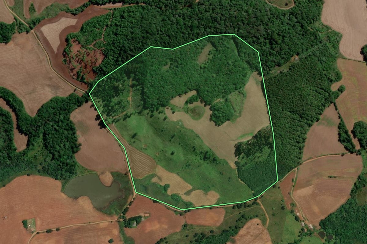 Imagem de satélite do imóvel rural em Vargem (SC), com o contorno declarado no CAR desenhado por cima.
