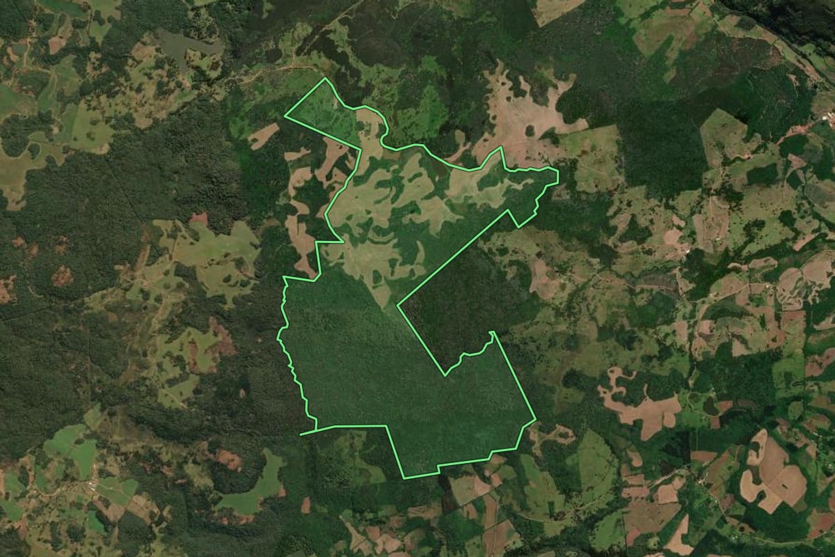 Imagem de satélite do imóvel rural em Vargem (SC), com o contorno declarado no CAR desenhado por cima.