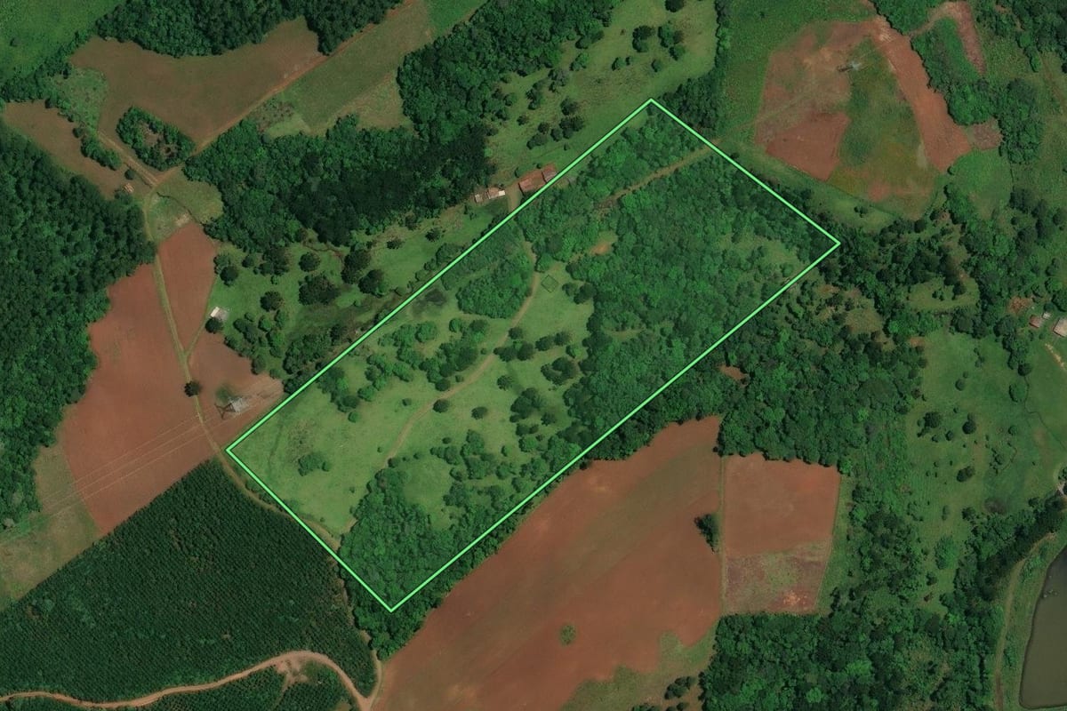 Imagem de satélite do imóvel rural em Vargem (SC), com o contorno declarado no CAR desenhado por cima.