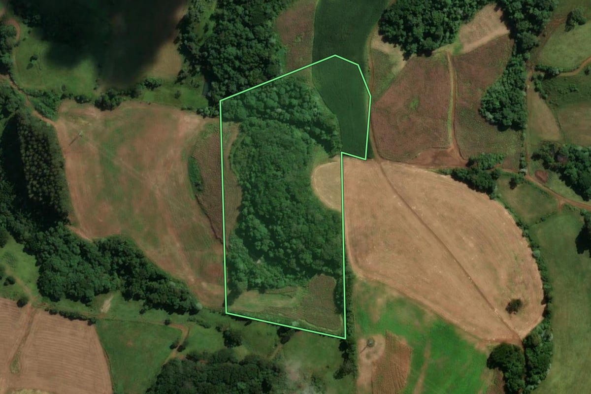 Imagem de satélite do imóvel rural em Vargem Bonita (SC), com o contorno declarado no CAR desenhado por cima.