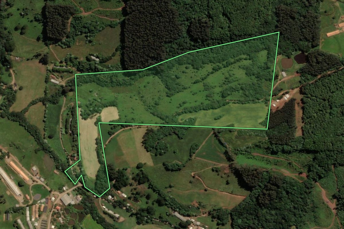 Imagem de satélite do imóvel rural em Vargem Bonita (SC), com o contorno declarado no CAR desenhado por cima.