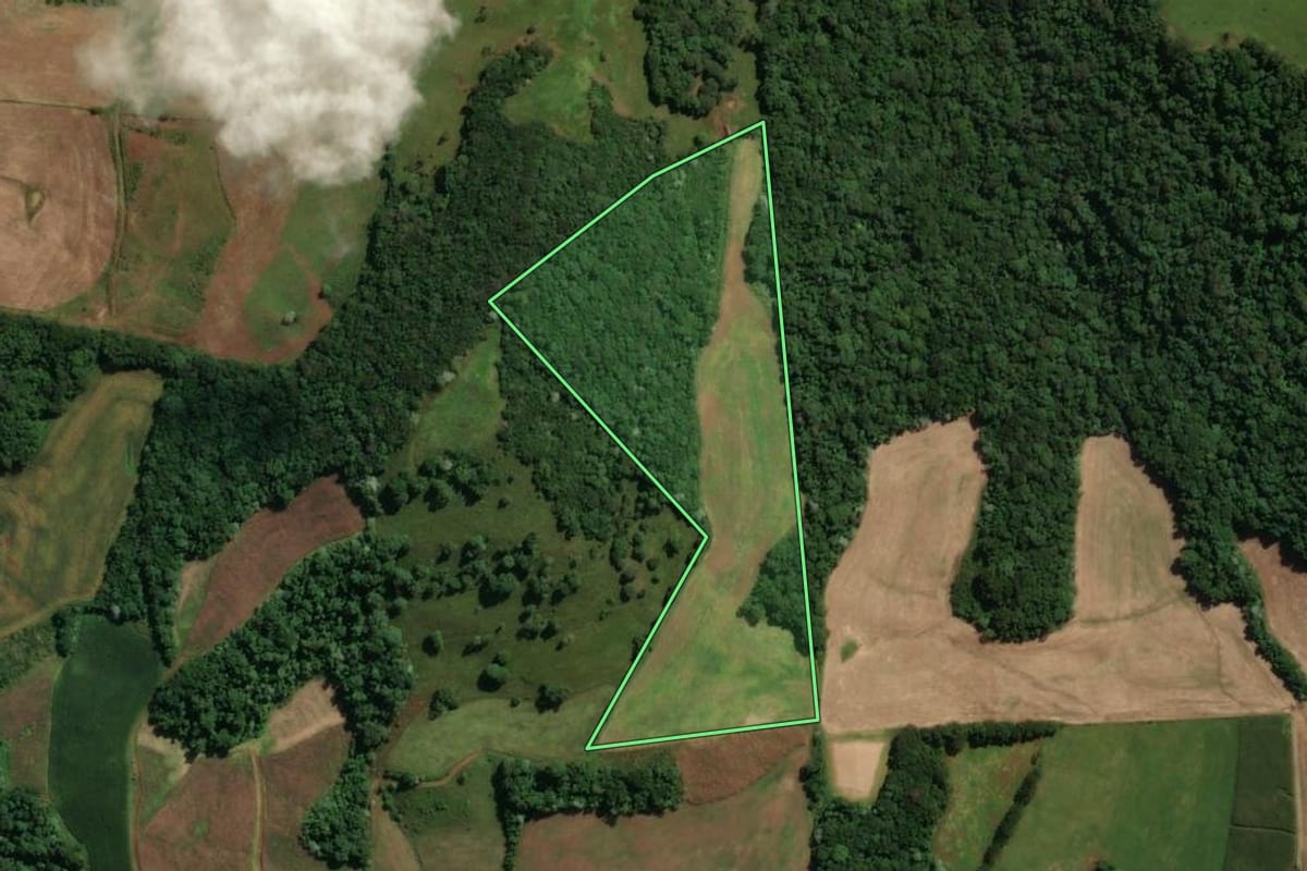 Imagem de satélite do imóvel rural em Vargem Bonita (SC), com o contorno declarado no CAR desenhado por cima.