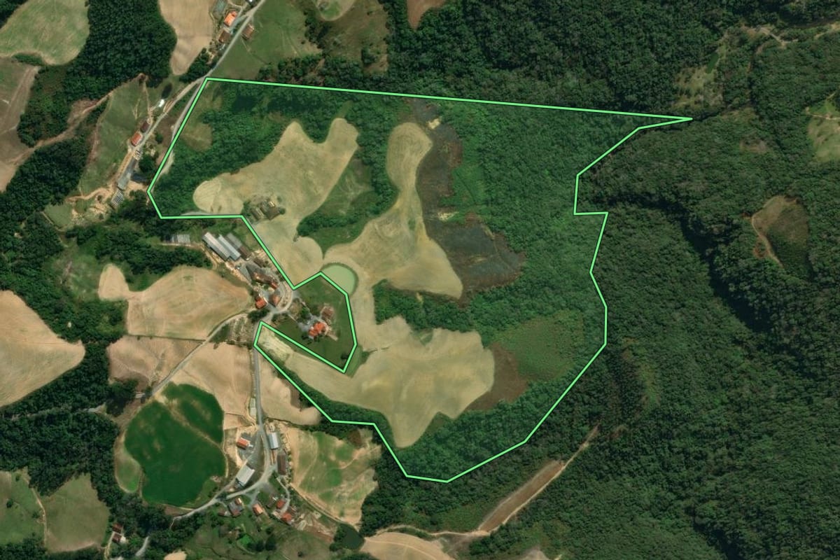 Imagem de satélite do imóvel rural em Vidal Ramos (SC), com o contorno declarado no CAR desenhado por cima.