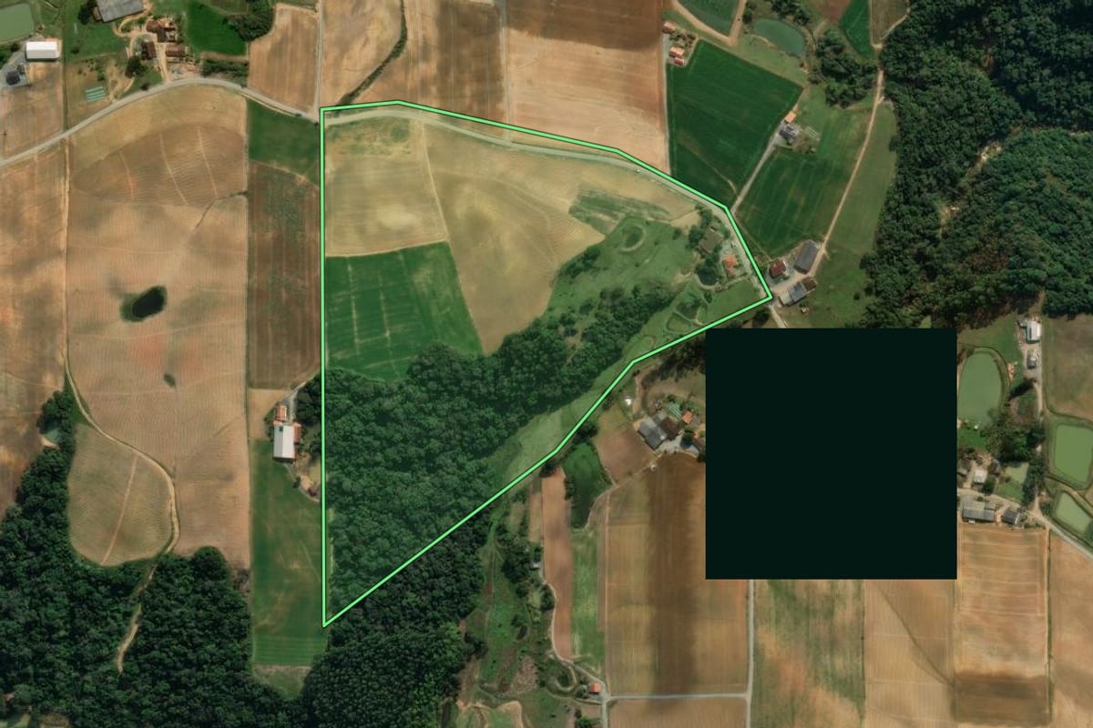Imagem de satélite do imóvel rural em Vidal Ramos (SC), com o contorno declarado no CAR desenhado por cima.