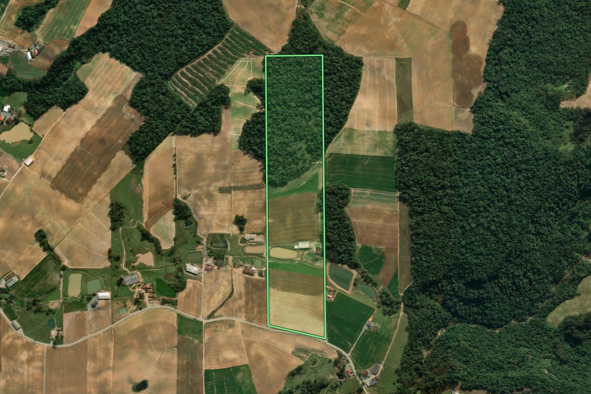 Imagem de satélite do imóvel rural em Vidal Ramos (SC), com o contorno declarado no CAR desenhado por cima.