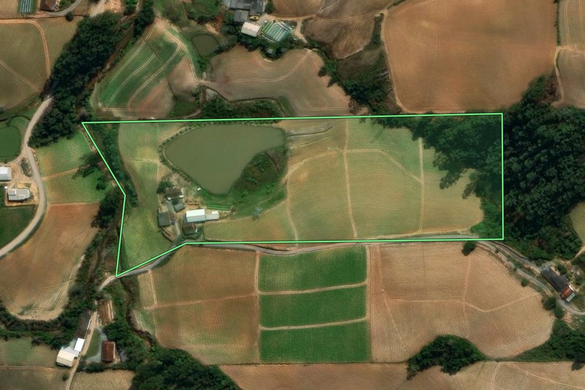 Imagem de satélite do imóvel rural em Vidal Ramos (SC), com o contorno declarado no CAR desenhado por cima.