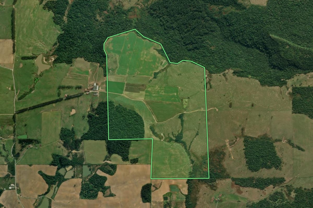 Imagem de satélite do imóvel rural em Vidal Ramos (SC), com o contorno declarado no CAR desenhado por cima.