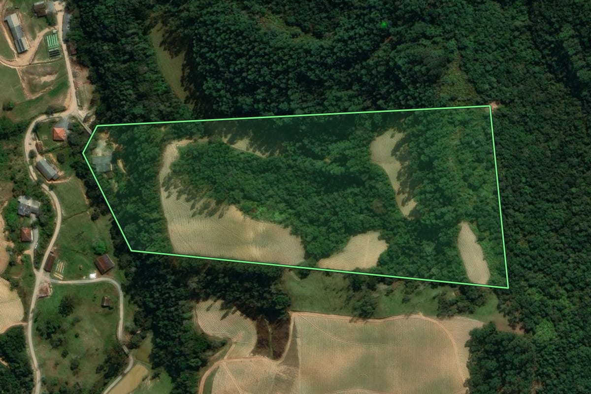 Imagem de satélite do imóvel rural em Vidal Ramos (SC), com o contorno declarado no CAR desenhado por cima.