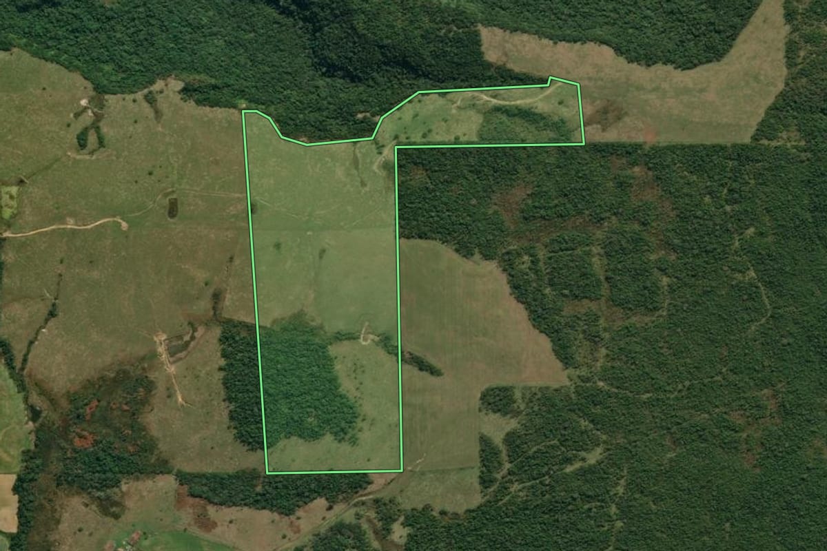 Imagem de satélite do imóvel rural em Vidal Ramos (SC), com o contorno declarado no CAR desenhado por cima.