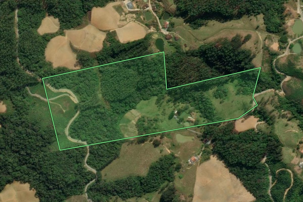 Imagem de satélite do imóvel rural em Vidal Ramos (SC), com o contorno declarado no CAR desenhado por cima.