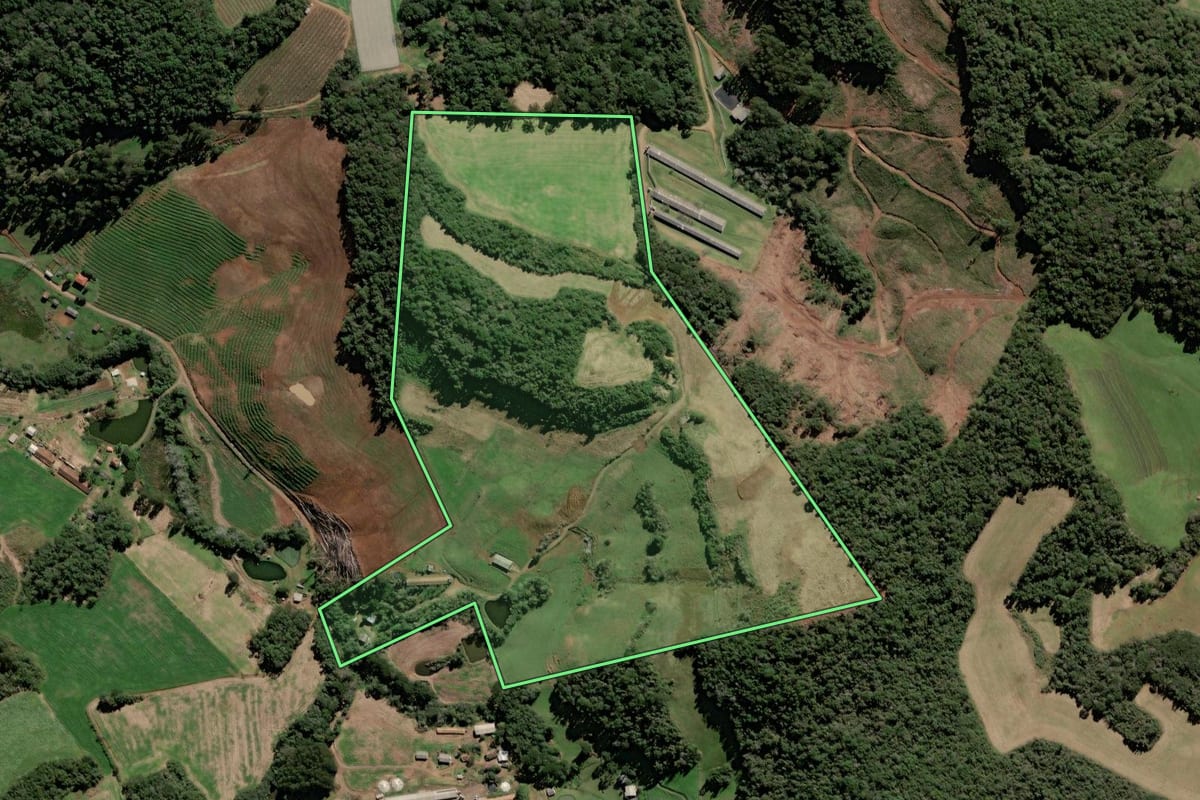 Imagem de satélite do imóvel rural em Videira (SC), com o contorno declarado no CAR desenhado por cima.